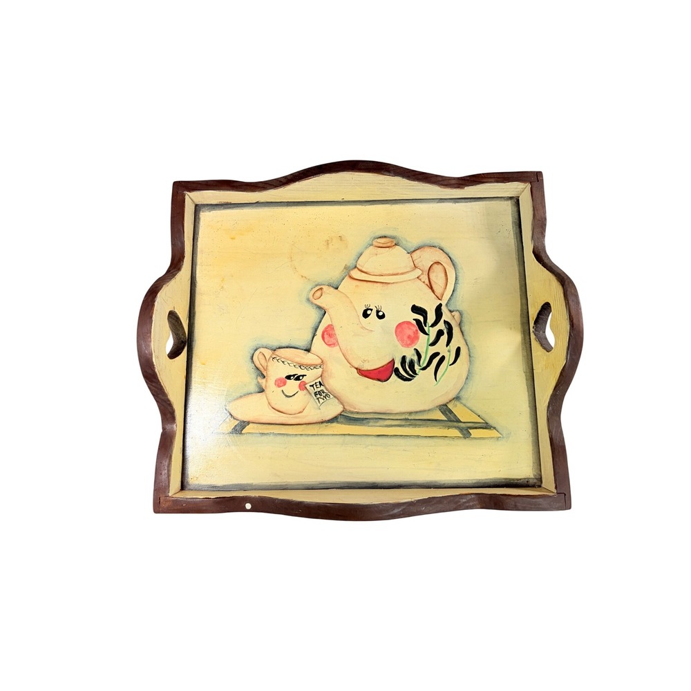 Vintage Hand Painted Wooden Tea Tray Teapot Kitchen‎ Serving Cottage Decor